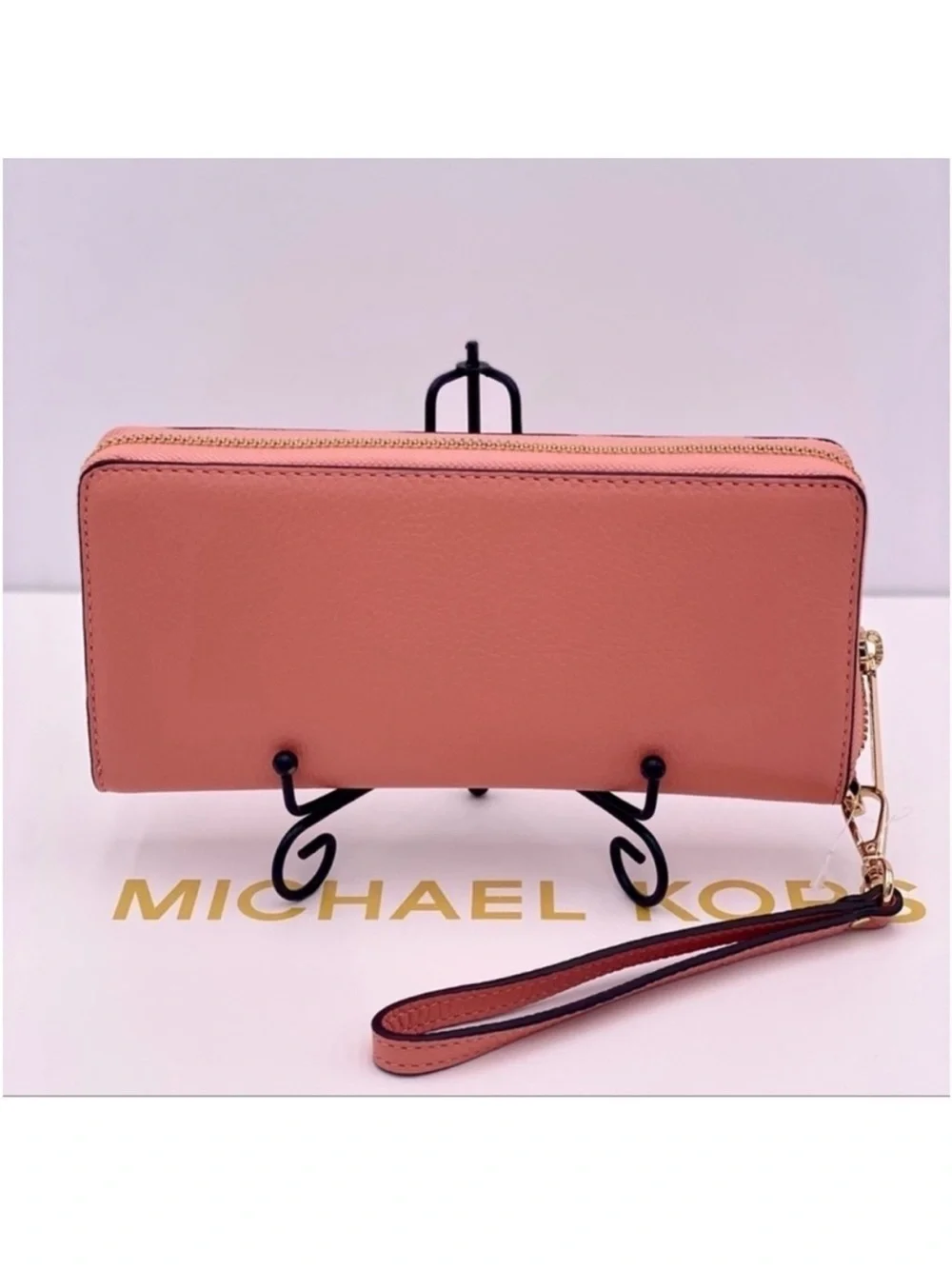 Michael Kors Salmon Pink Leather Zip Wallet Wristlet with Gold Hardware Sherbet